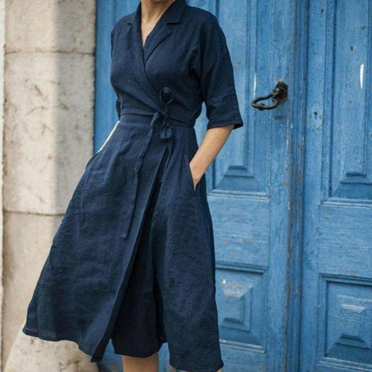 WOMEN'S COTTON LINEN BELTED LAPEL DRESS