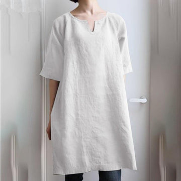 Solid color V-neck cotton linen casual mid-sleeved dress