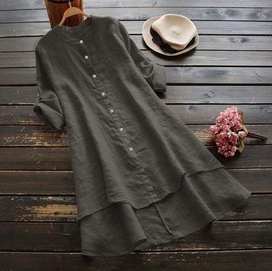 Women's Solid Color Button Cotton Linen Long Sleeve Long Shirt