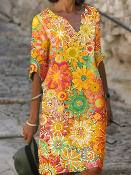 Casual printed short-sleeved v-neck dress