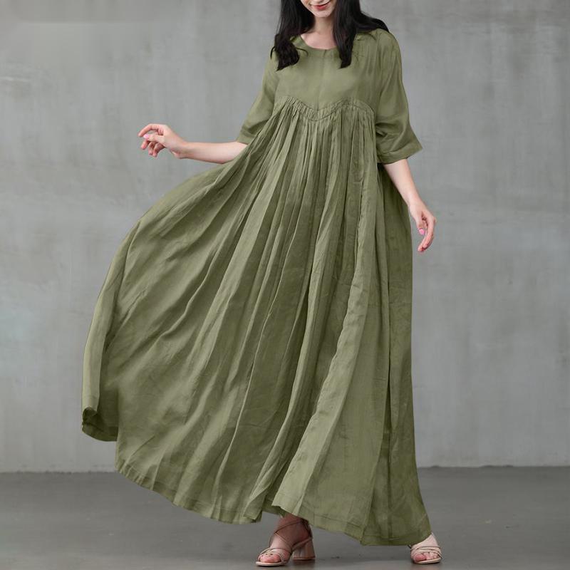 Casual cotton and linen pullover round neck large swing solid color dress