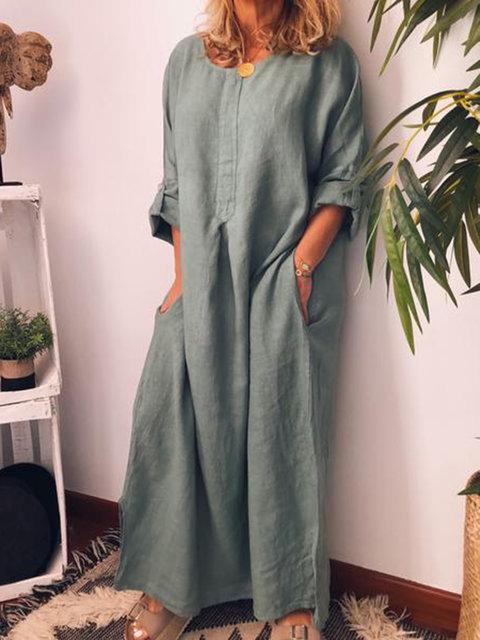 Women's cotton linen solid color loose dress