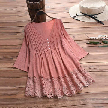 Plus Solid V Neck Lace Trim Long Sleeve Blouse