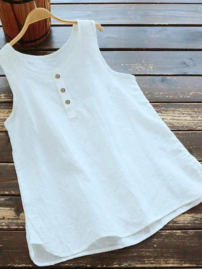 Solid color cotton and linen crew neck vest shirt