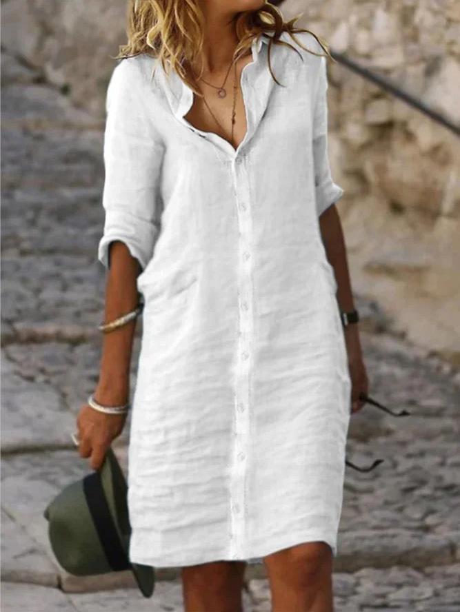 Solid Color Long Sleeve Button Down Linen Shirt Dress