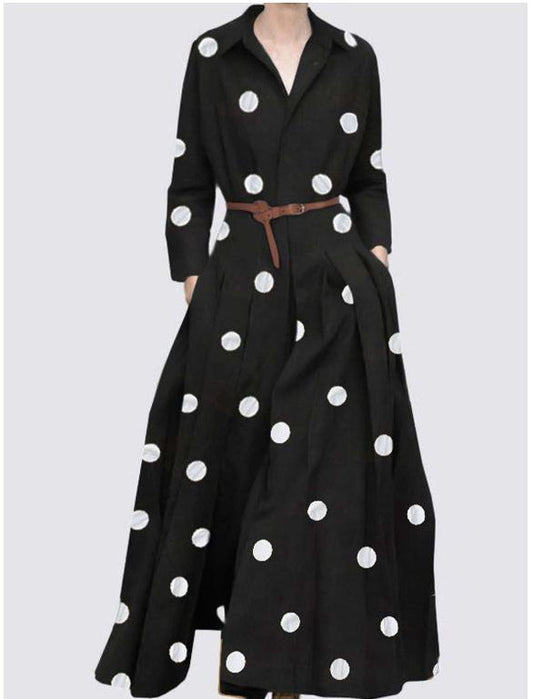 Lapel Polka-Dot Slant Pocket A-Line Midi Dress