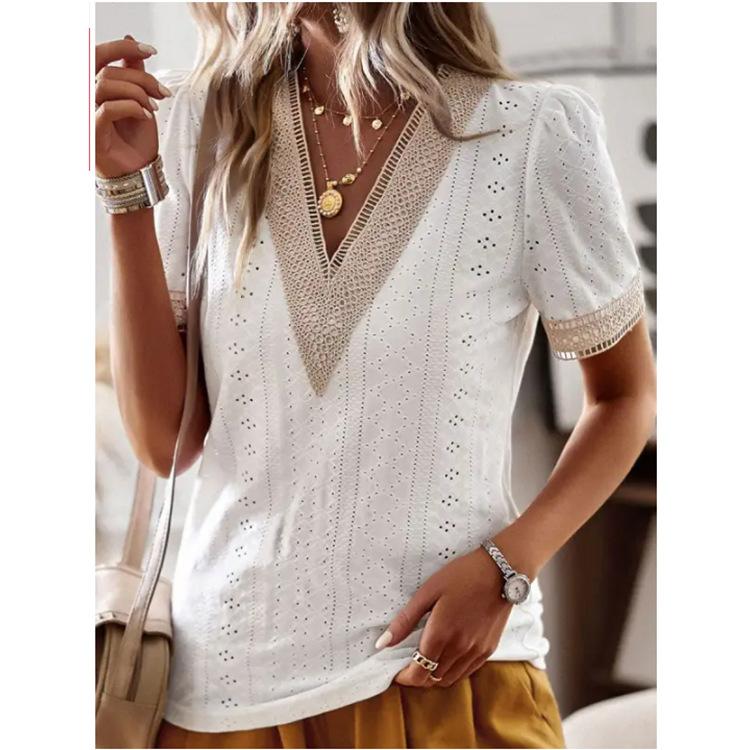 V-Neck Lace Cutout Short Sleeve Shirt