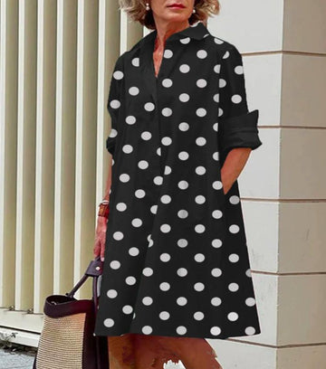 Polka-dot print shirt collar long-sleeved pocket midi dress