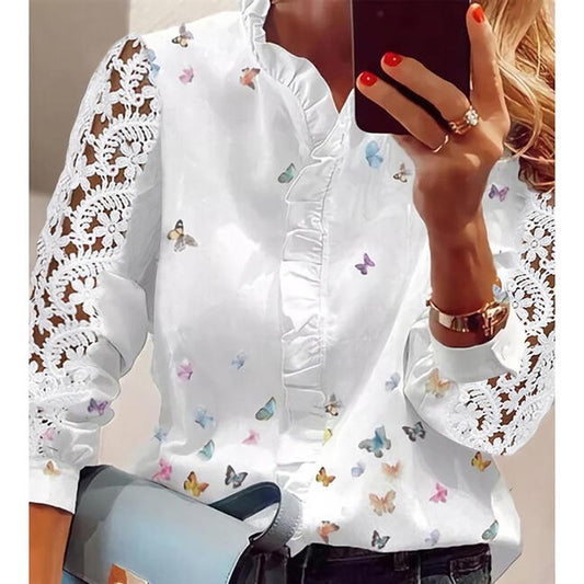 Butterfly Print Ruffle Trim Casual Long Lace Blouse