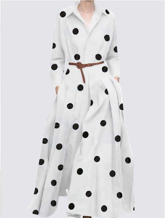 Lapel Polka-Dot Slant Pocket A-Line Midi Dress