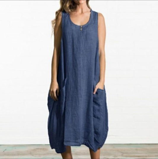 Oversized loose cotton and linen sleeveless midi dress