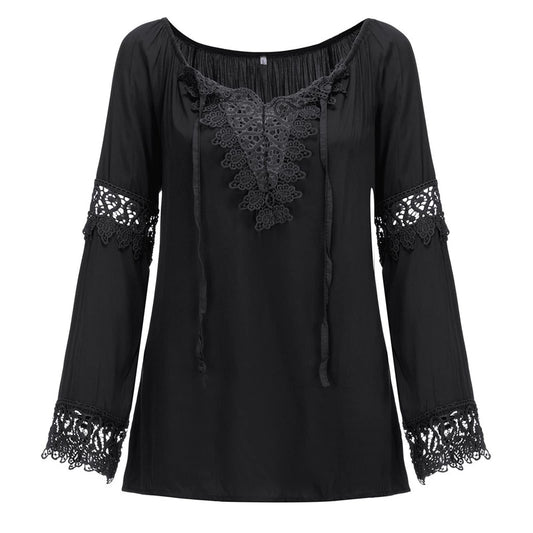 Long Frenulum Women Sleeves Sexy Off Lace Linen Shirt