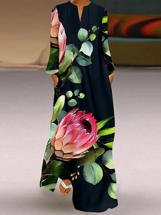 V Neck Casual Print Pocket Long Dress