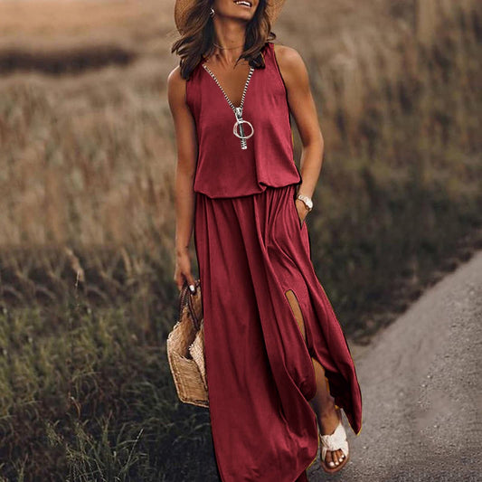 Sleeveless casual women's waist zipper dress