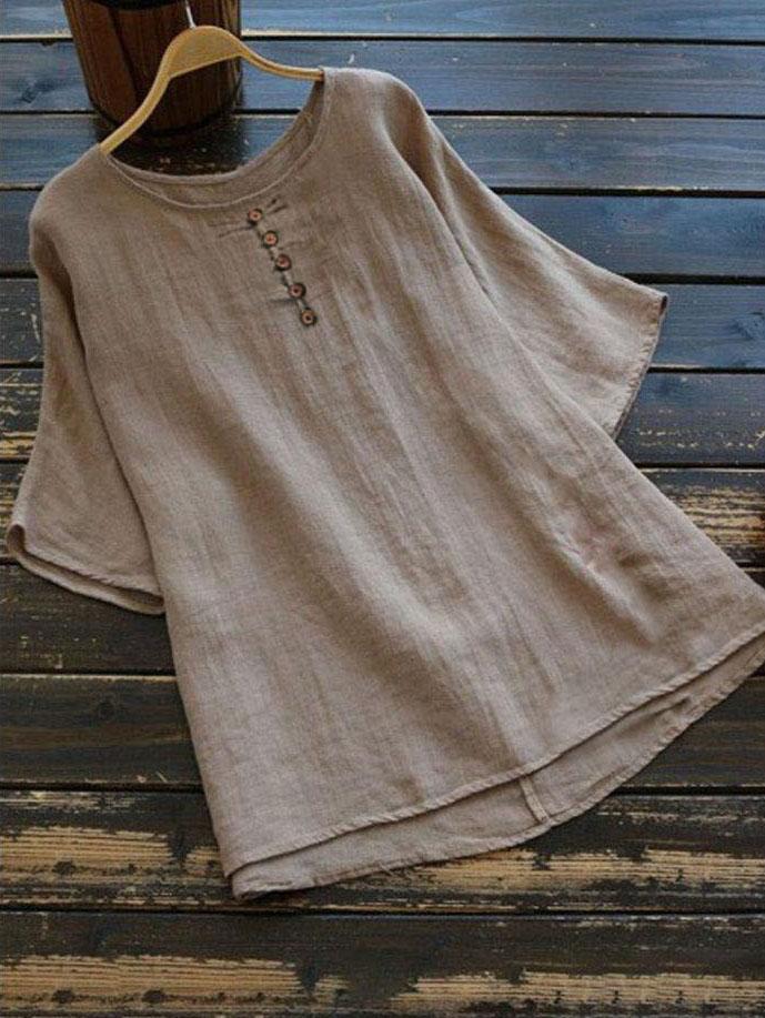 Solid Cotton And Linen Short Sleeve Top