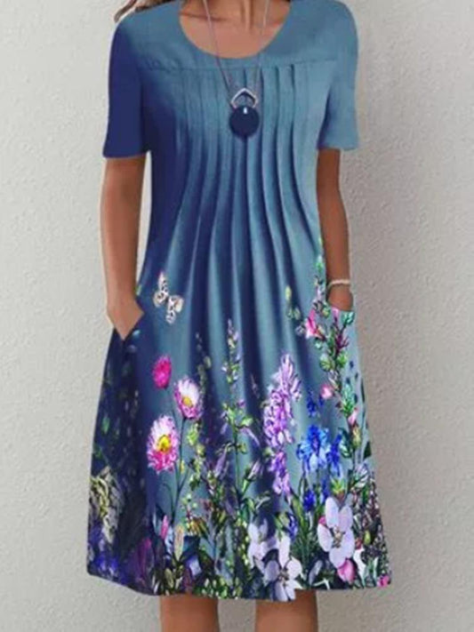 Relaxed Floral Crew Neck Midi Shift Dress