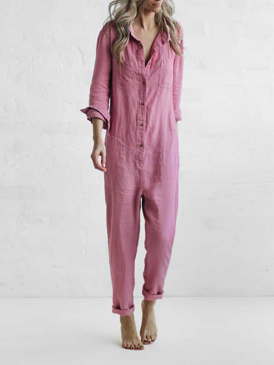 Ladies cotton linen long sleeve jumpsuit