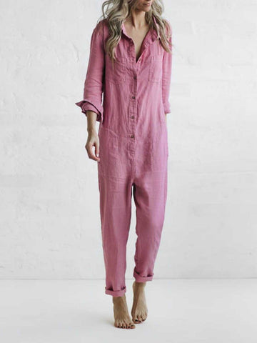 Ladies cotton linen long sleeve jumpsuit