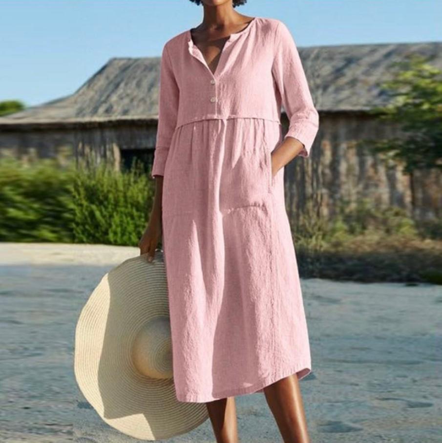 Round Neck Button Pocket Cotton Linen Long Sleeve Solid Color Dress