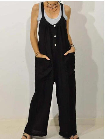 Cotton And Linen Solid Color Elastic Button Jumpsuit