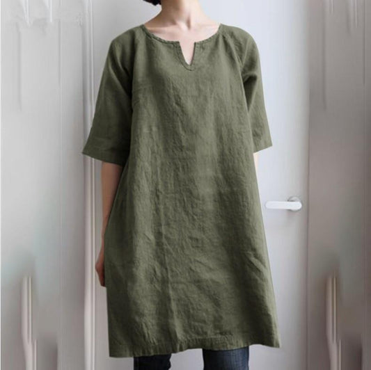 Solid color V-neck cotton linen casual mid-sleeved dress