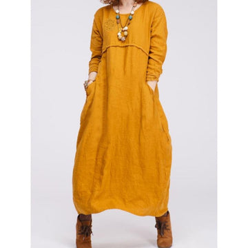 Paneled round neck cotton and linen dress