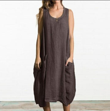 Oversized loose cotton and linen sleeveless midi dress