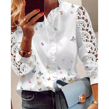 Butterfly Print Ruffle Trim Casual Long Lace Blouse