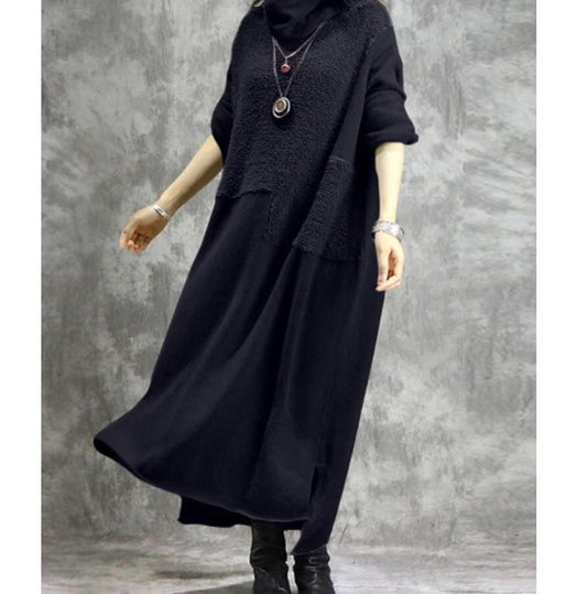 Women's Turtleneck Plush Panel Long Sleeve Slit Long Dress