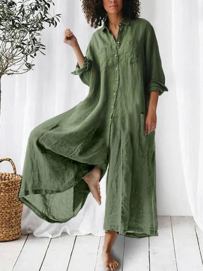 Women'S Solid Color Long-Sleeved Loose Wide-Leg Jumpsuit