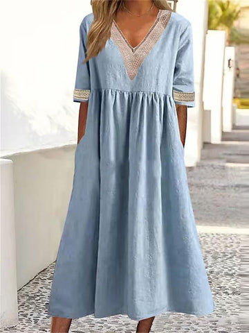 Solid color short-sleeved lace V-neck waist dress