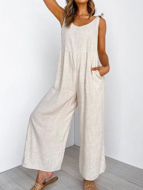 Cotton linen casual jumpsuit sleeveless jumpsuit