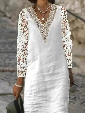 Solid color stitching lace lace cotton linen ladies loose dress