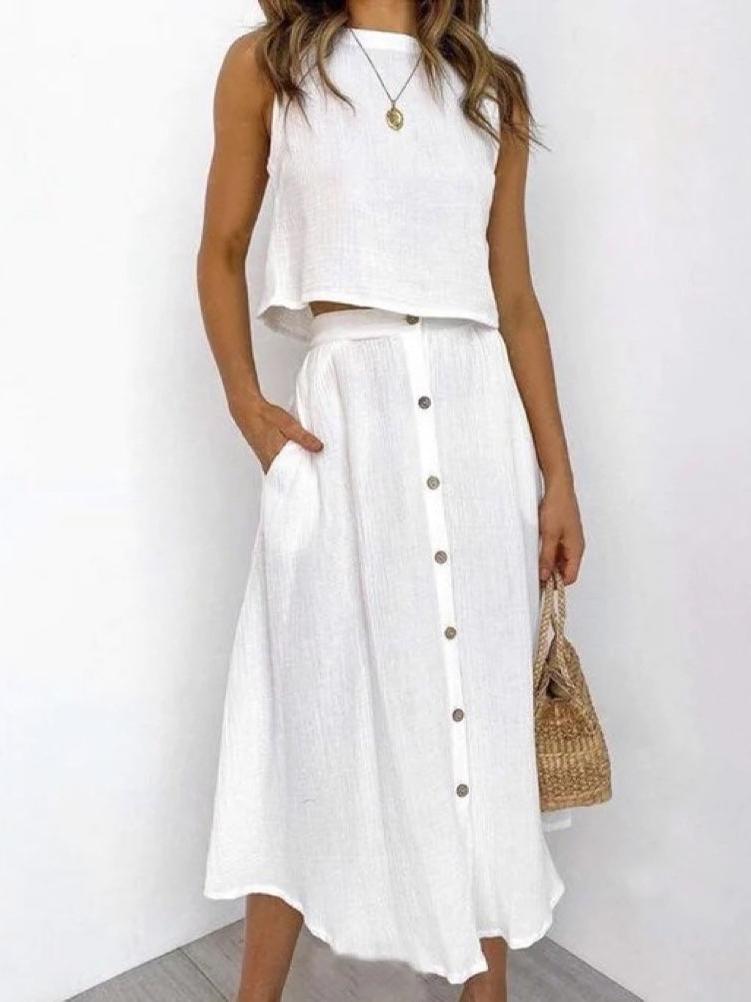 White Cotton Linen Button Dress