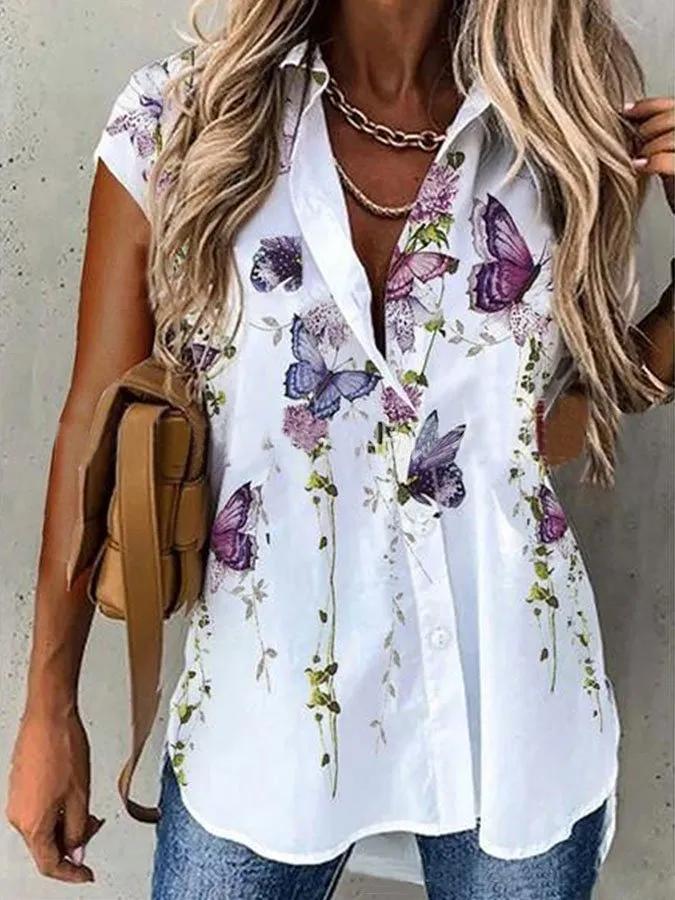 women's printed lapel short sleeve shirt